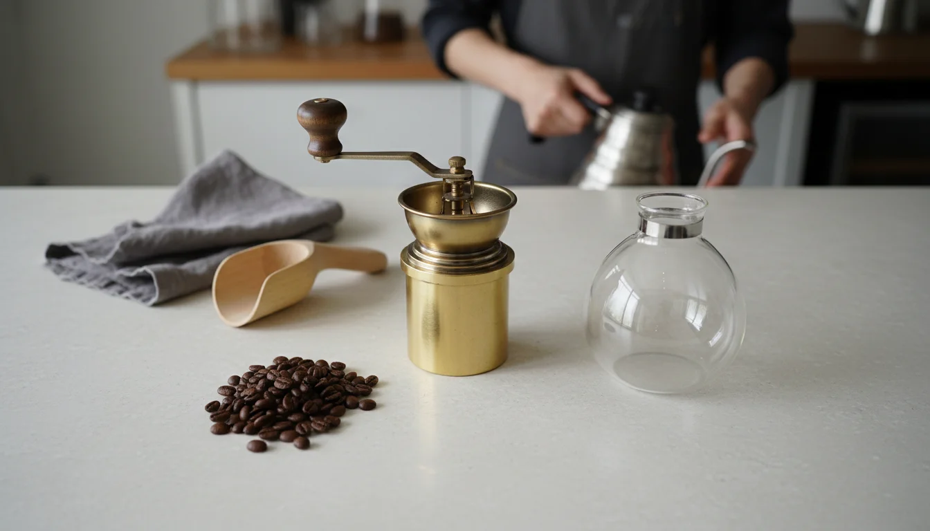 焙煎機のそばに並ぶコーヒー豆と金属製の計量器具